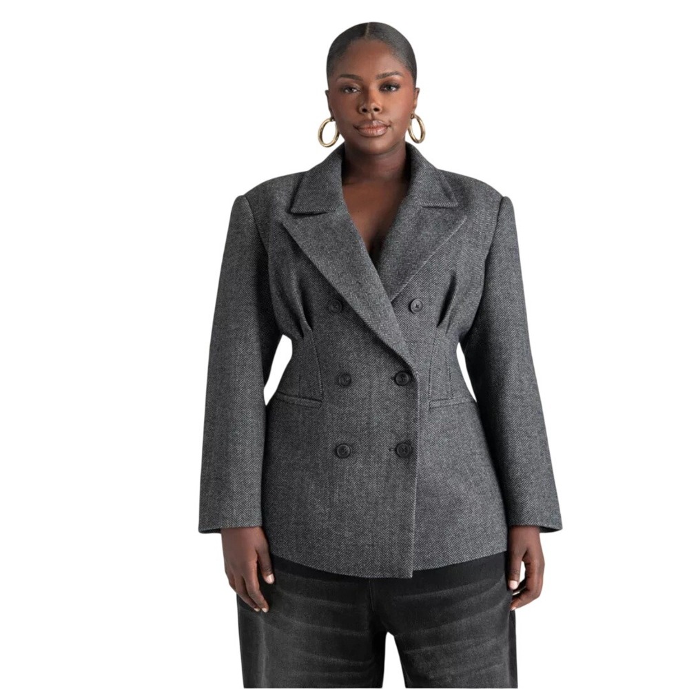 KBB by Kahlana Women Grey Herringbone Double Breasted Long Sleeve Blazer Size L